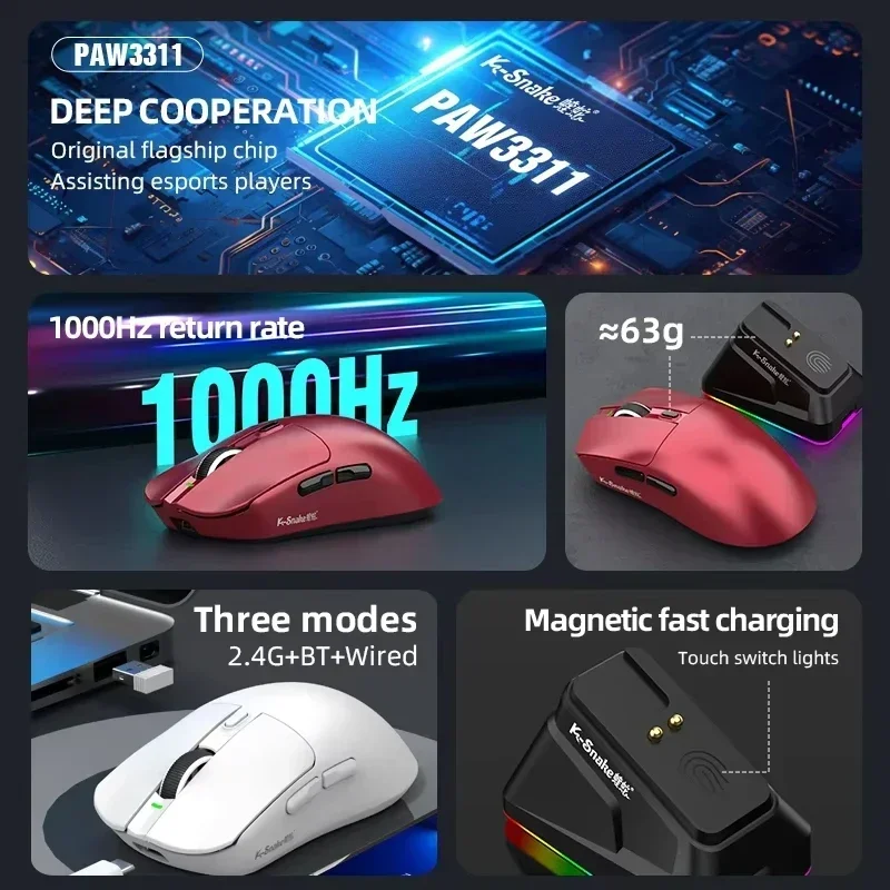 K-shark X11 Wireless Mouse,Bluetooth/2.4g/wired Tri-mode Mouse ,PAW3311 RGB Magnetic Charging Dock Gaming Mouse