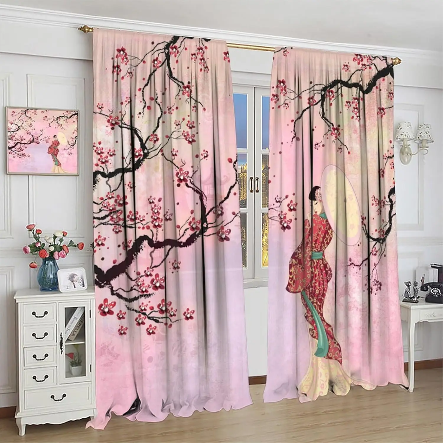 Japanese Geisha Curtains Asian Style Red Plum Blossom Ink Painting Window Treatments for Girls Bedroom Living Room Kitchen Rod