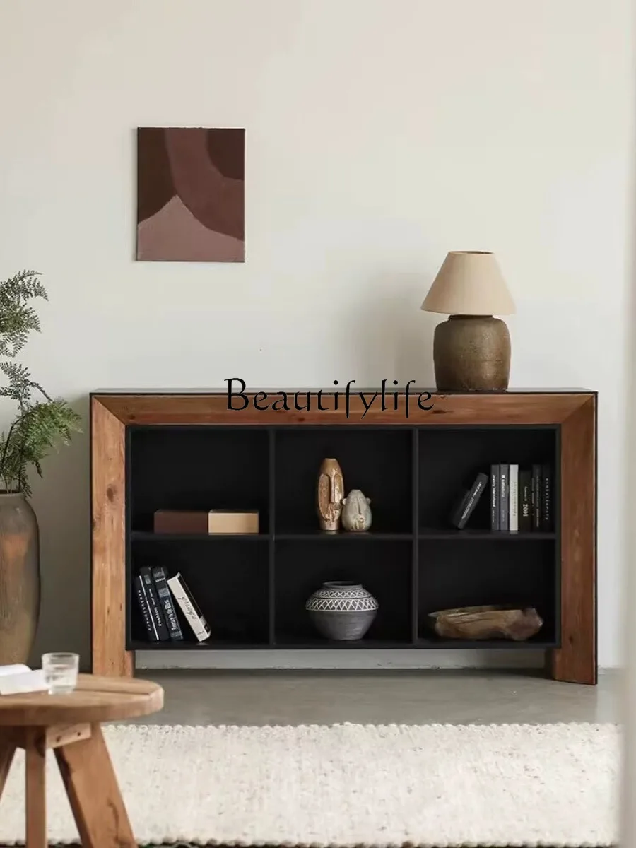 

Ruili Style Black Solid Wood Sideboard Cabinet Vintage Distressed Visual Six-Grid Storage Cabinet Living Room Fireplace Cabinet