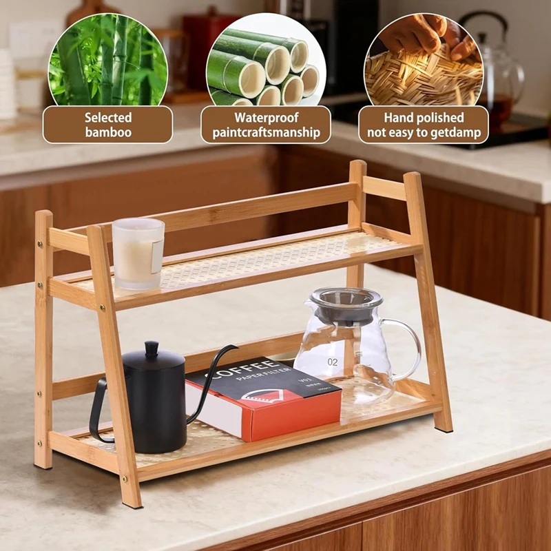 2段抹茶ステーション-ウィッカー調コーヒーステーションオーガナイザー、キッチンカウンターシェルフ（お茶＆コーヒーバー用）、マグホルダーカウンタートップ小売用