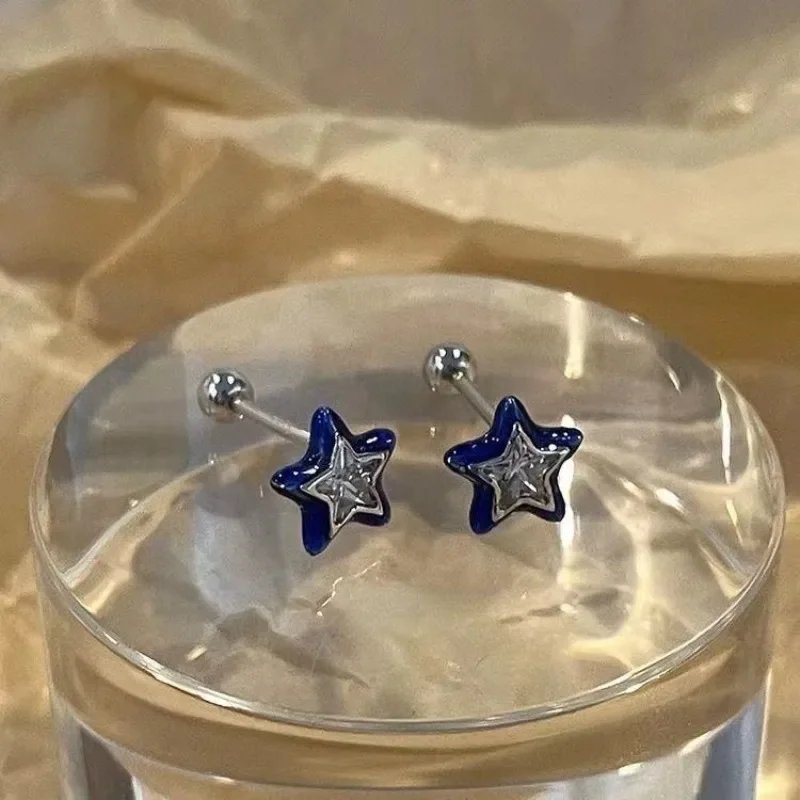 Blue Crystal Star Stud Earrings for Women Girl 2PCS Cool Sweet Aesthetic Pentagram Mini Earrings Fashion Y2k Trendy Jewelry Gift