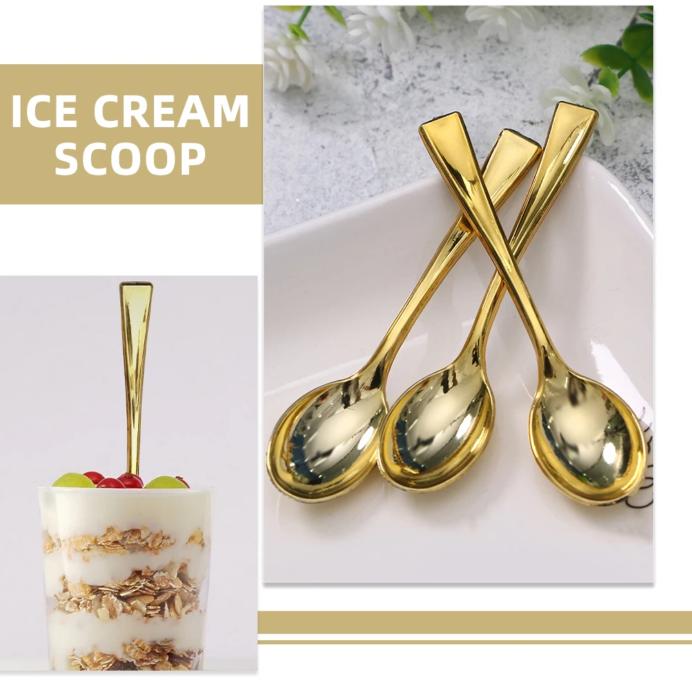 

100pcs Golden Dessert Cake Party Tableware Ice Cream Pudding Jam Serving Spoons Reusable Plastic Buffet Spoons