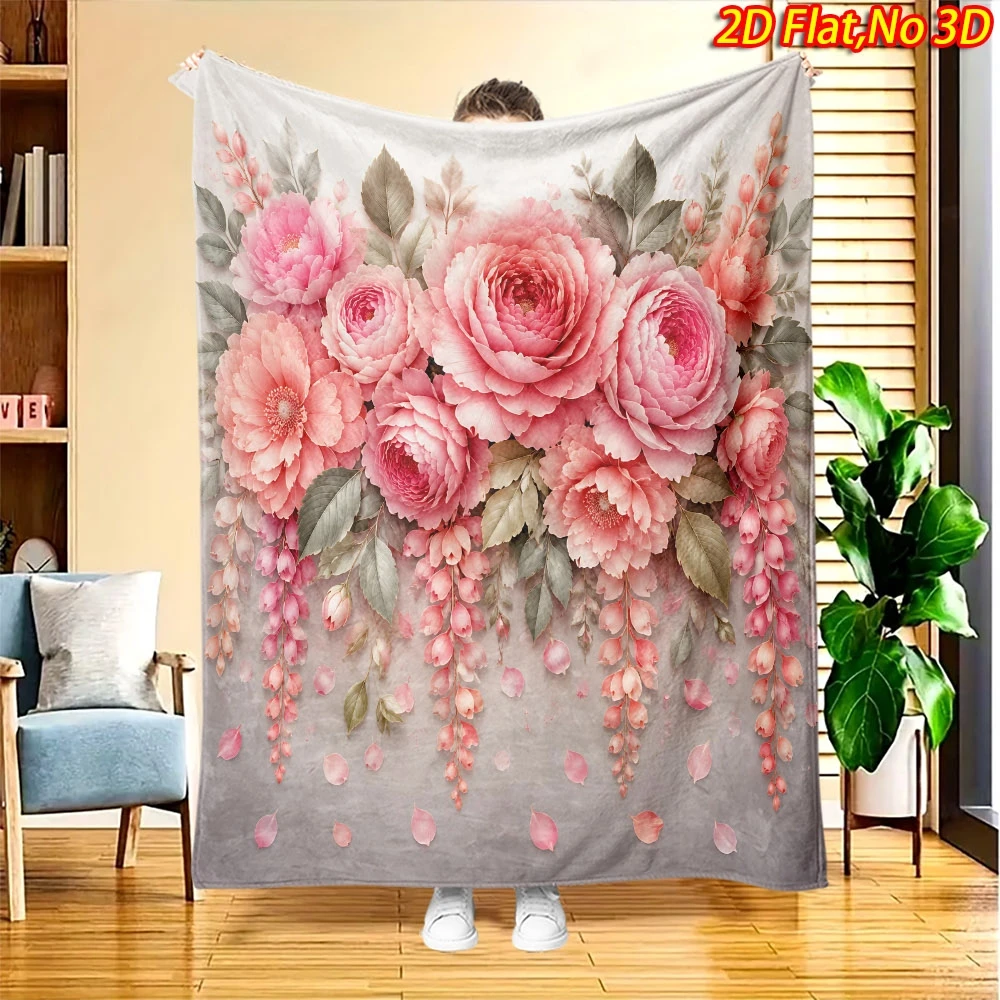 Vintage Watercolor Pink Peony Wisteria Falling Petal Gradient Grey Fleece Blanket Cozy Throw For Bed Wedding Room Decor Present