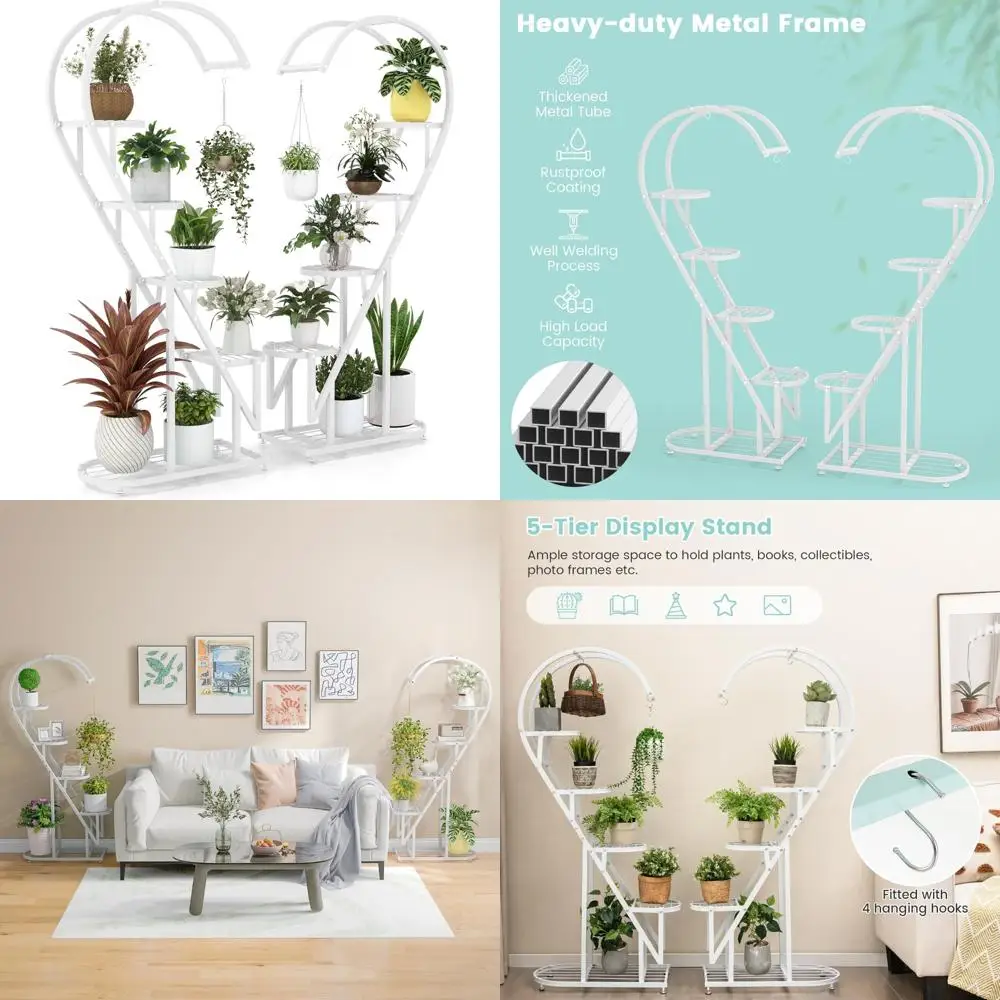 

Multi-Tiered Metal Indoor Plant Stands - 2 Pack Heart Shaped Plant Holders for Multiple Plants with Hanging Hooks