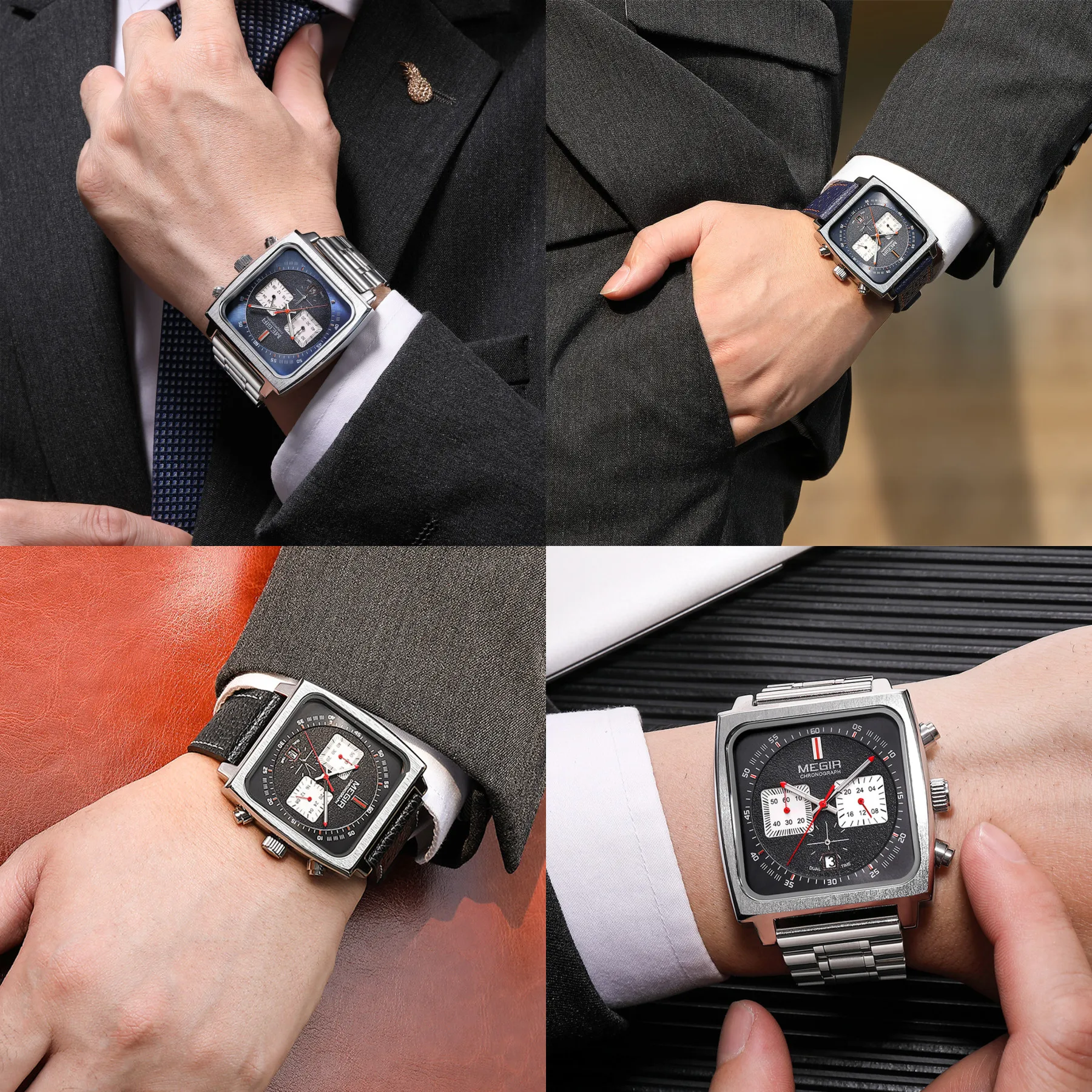 MEGIR Men Sports Watch Square Dial Multifunctional Wristwatch Date Waterproof Quartz Luxury Watches Chronograph Reloj Hombre