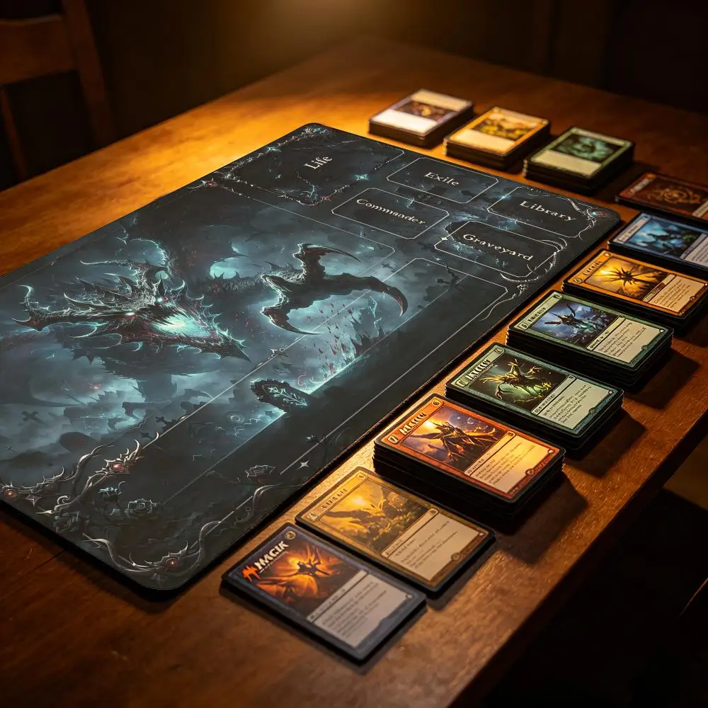 Dark Dragon TCG Playmat, Gothic Night Graveyard 60X35cm  Non-Slip Rubber Base Stitched Edge Table Mat for Card Game Desk pad