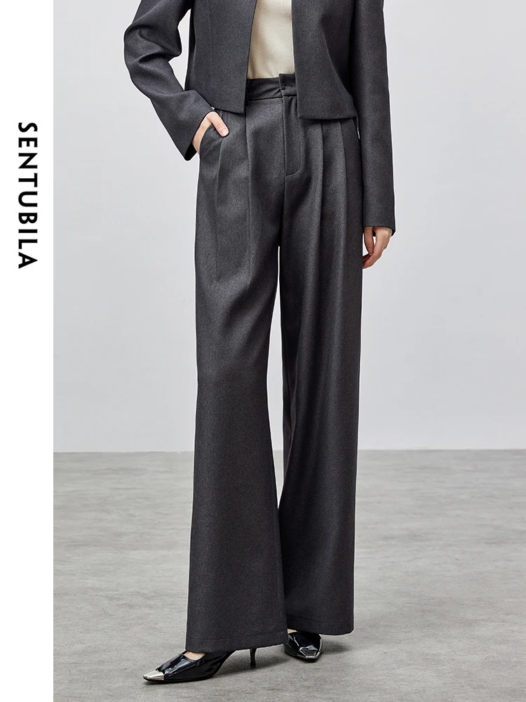 SENTUBILA Women 2 Piece Set 2024 Autumn Rounf Neck Short Coat Straight Folds Wide Leg Pants Office New Match Sets 143Z55935