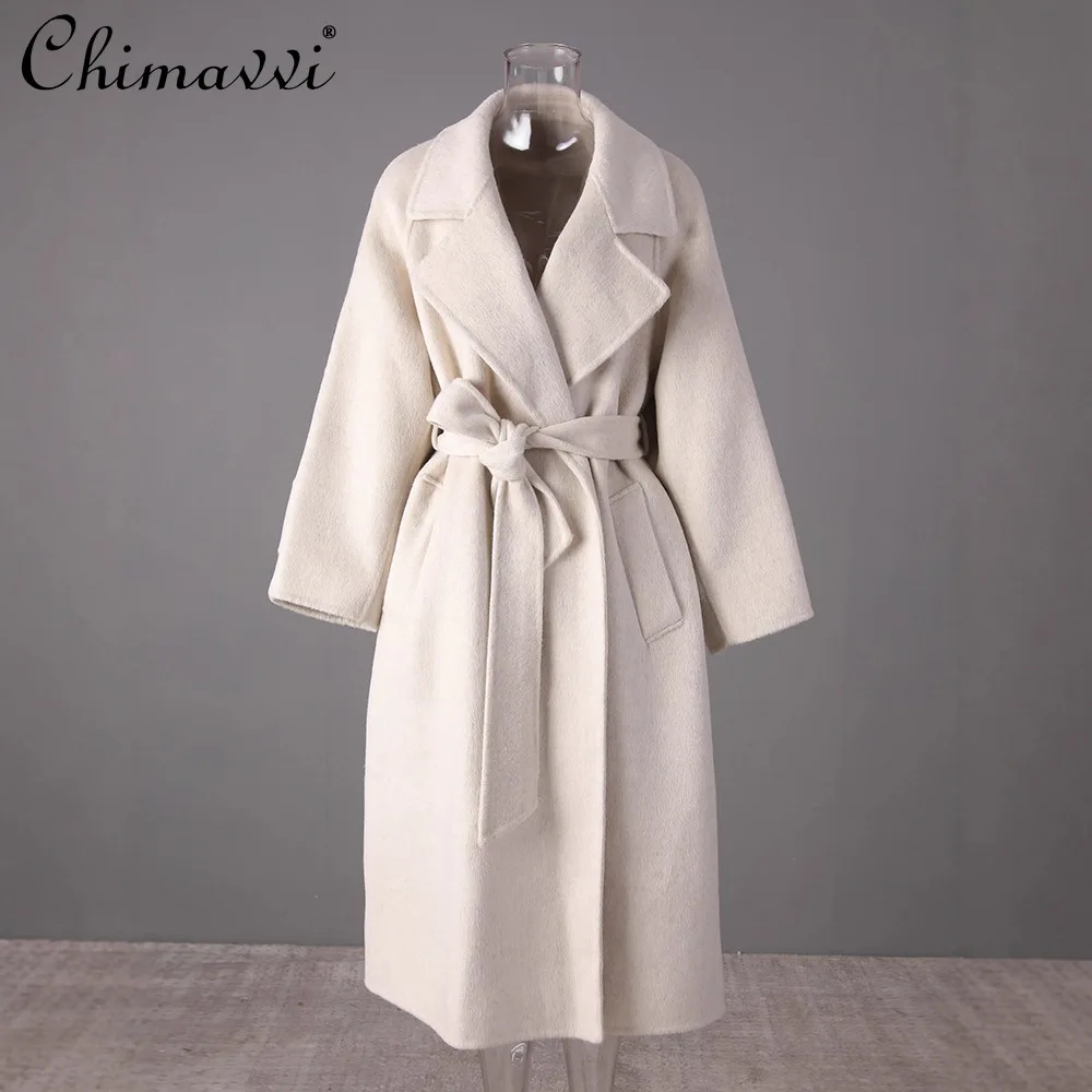 

American Style Elegant Retro Lapel Lace-up Trend Jackets 2025 Winter Loose Casual Temperament Woolen Long Coats Women Overcoats