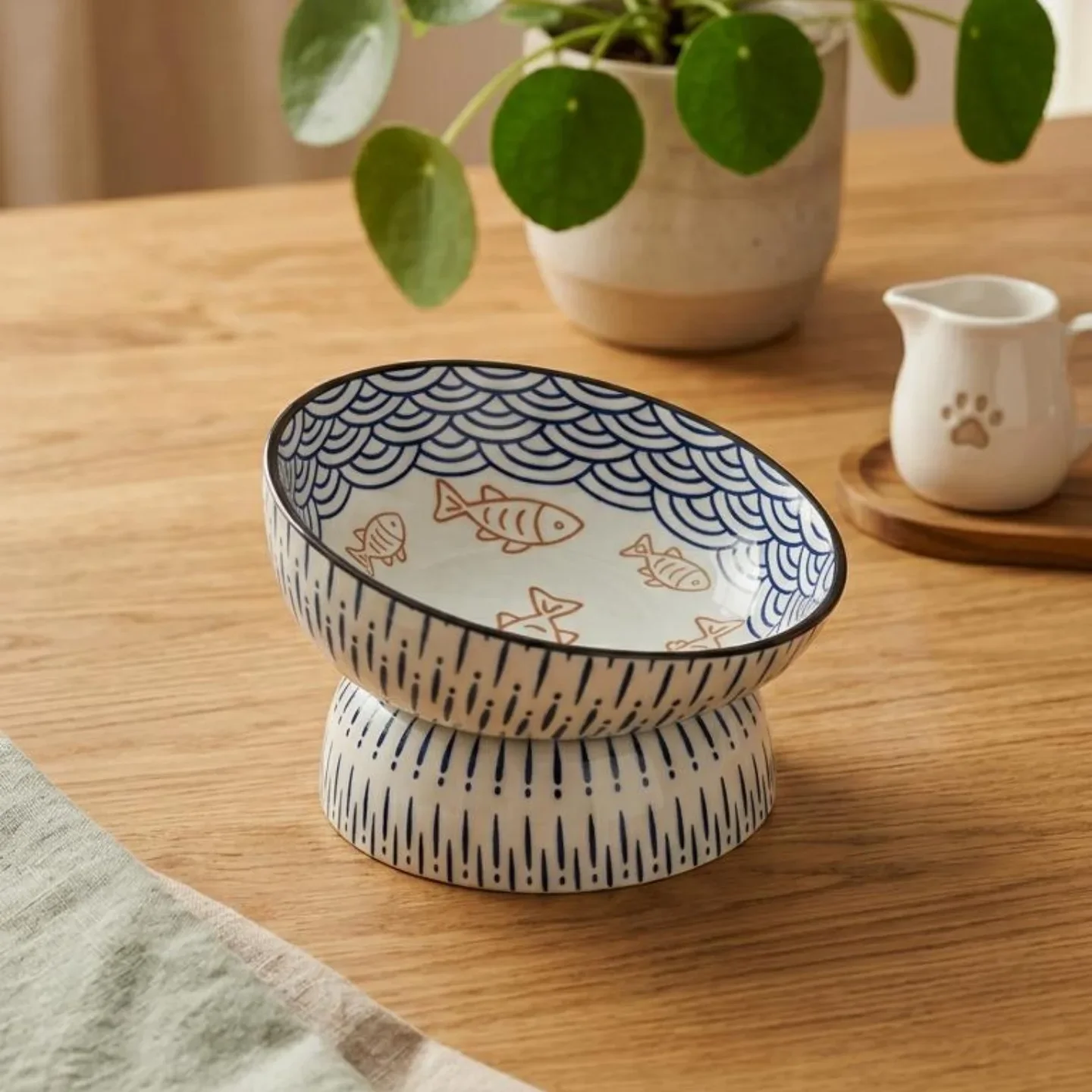 Elevated Tilted Ceramic Cat Bowl, Raised Pet Feeder Protect Cervical Prevent Chin Stain Kitten Food Water Dish