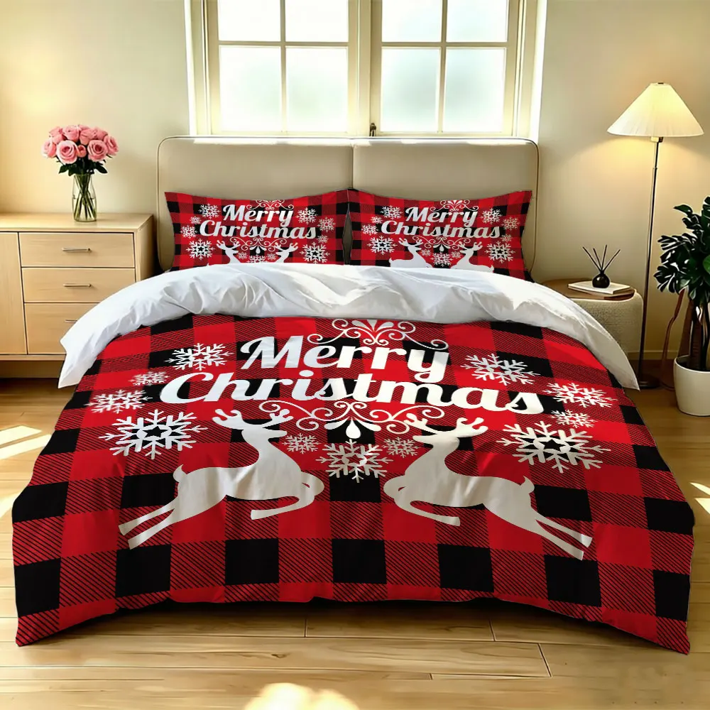 3pcs(1 bedspread + 2 pillowcases) featuring a red and black plaid Christmas reindeer perfect for home decoration