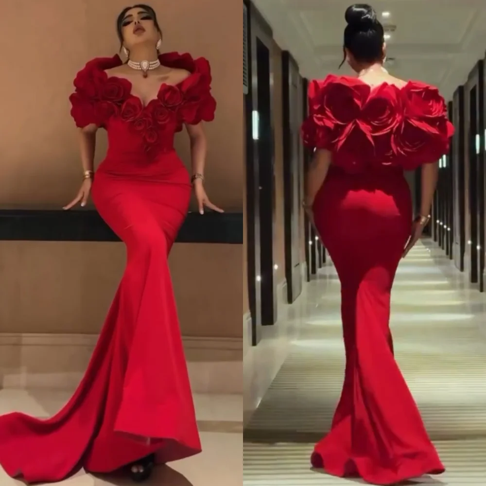 

Elegant Red Prom Dress Jersey Flower Pleat Mermaid Evening Gowns Off The Shoulder Floor Length Formal Party Dresses Customized