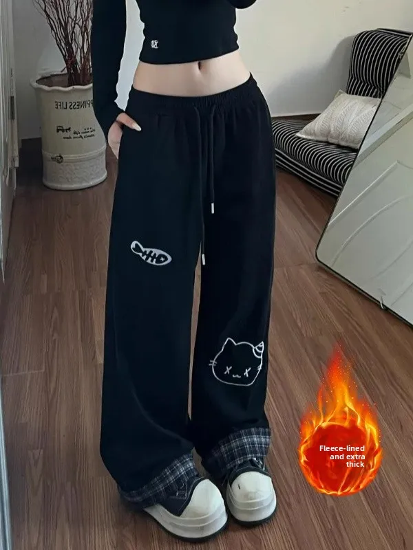 

Женские повседневные брюки больших размеров с вышивкой на подкладке, зимние свободные утягивающие прямые брюки в клетку с манжетами