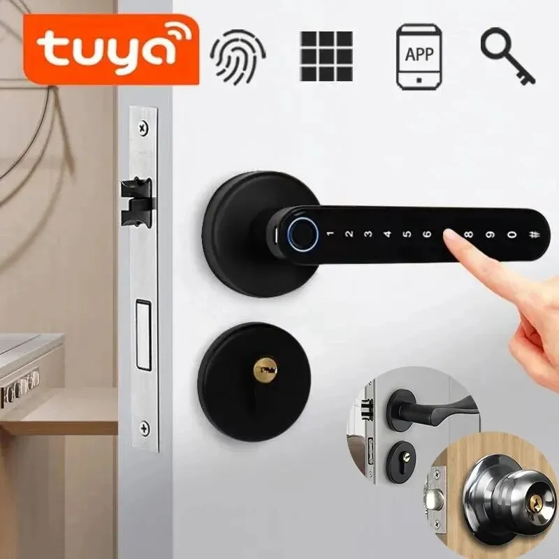 Tuya Biometric Fingerprint Smart Door Lock Password Electronic Digital Lock APP Unlocking Door Knobs Lock for Bedroom Home