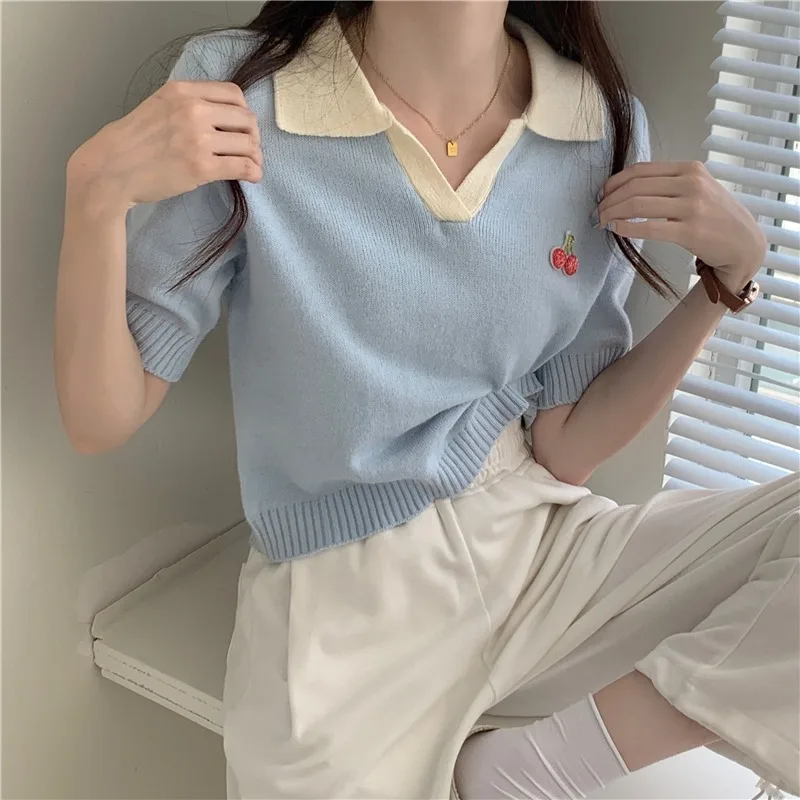 Cherry Cute T-shirts for Women 2022 Summer Korean Style Tops Mujer Harajuku Preppy Sweet Knitted Girlish Students Casual Retro