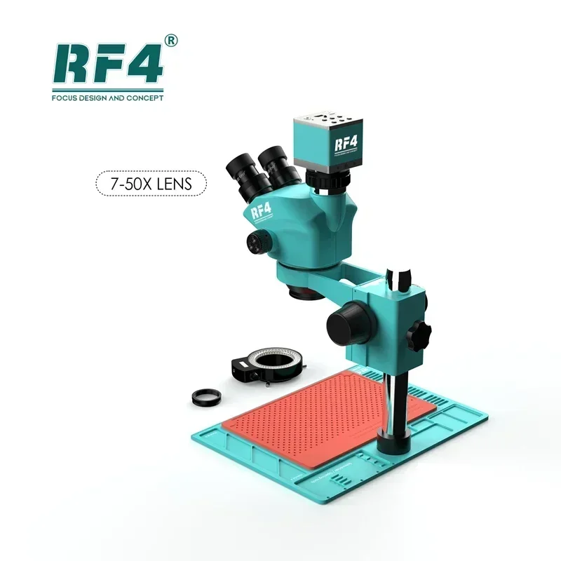 NEW RF4 RF7050-PO4-4K Industrial Microscope 7-50X Continuous Focus Magnification with PO-4 Aluminum Alloy Base and 4K Camera