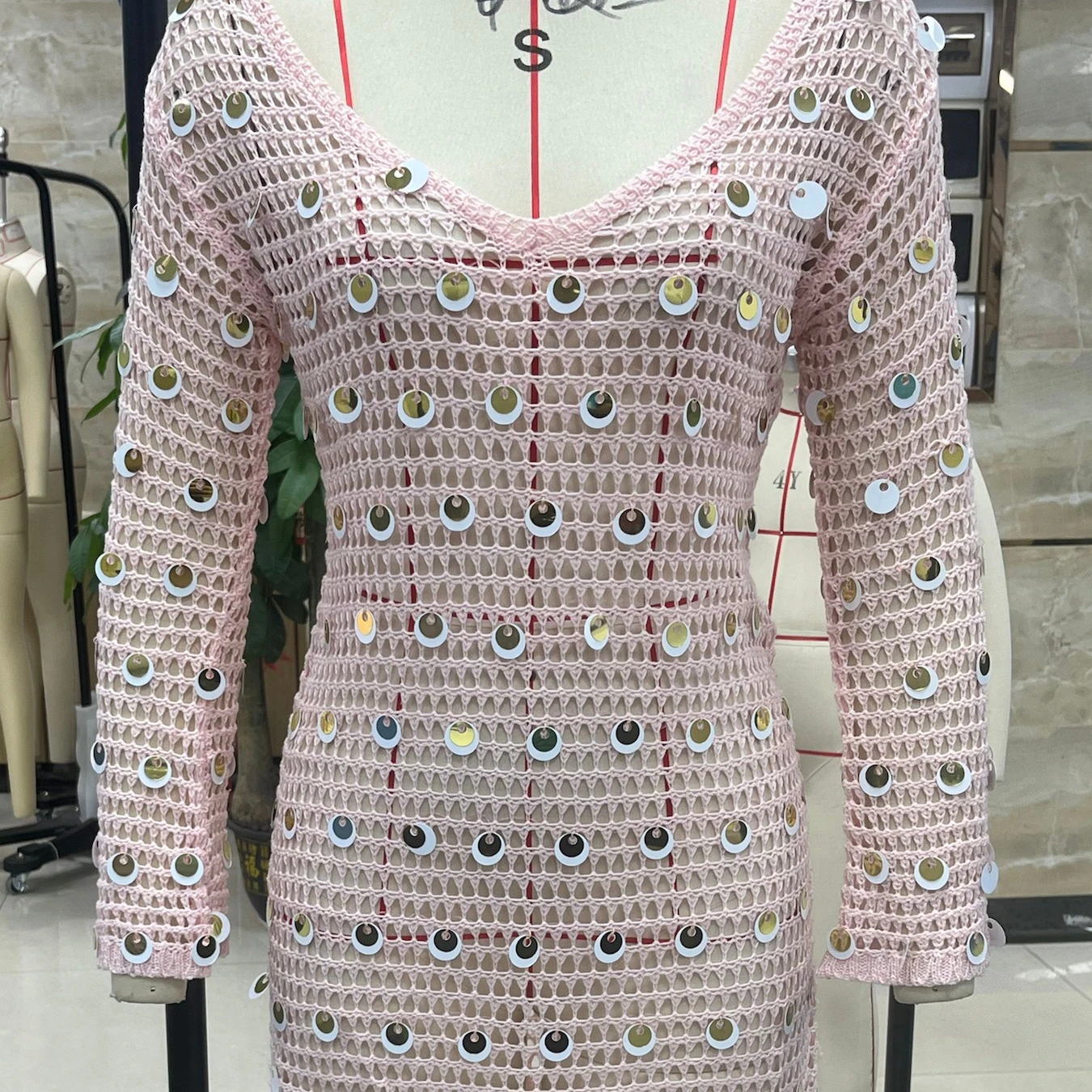 2025 feminino verão oco para fora lantejoulas cocktail mini vestido de manga longa decote em v profundo malha recorte acima do joelho vestidos