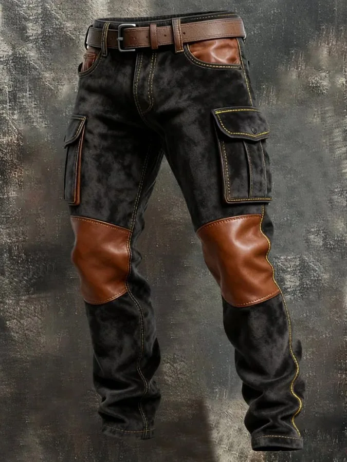 New Autumn and winter heavy high-end vintage overalls men bead canvas grain color patchwork logging motorcycle casual pants tide