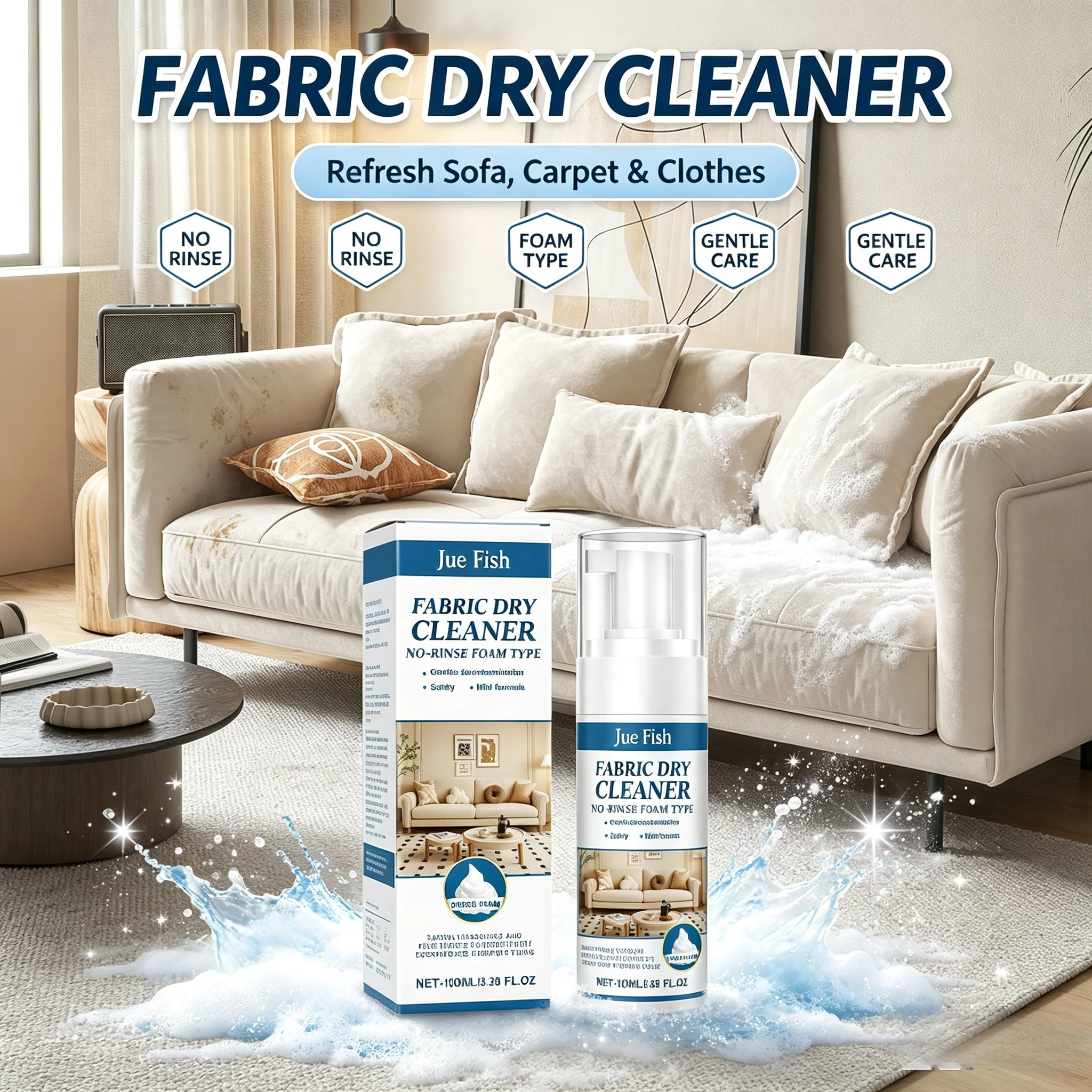 Fabric Sofa Foam Dry Cleaner Waterless Stain Remover Gentle For Sofa Carpet Auto Interior Deep Fabric Care Upholstery Restorer