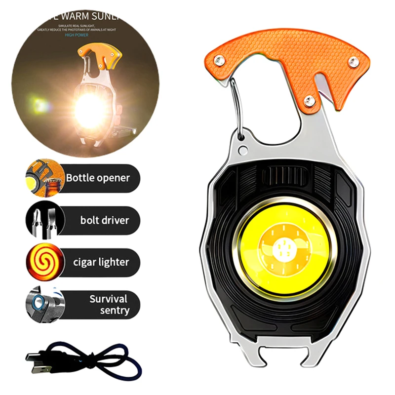 LED Flashlight Portable Multifunctional Mini Keychain Lamp USB Rechargeable Work Light Strong Torch Camping Outdoor Lantern