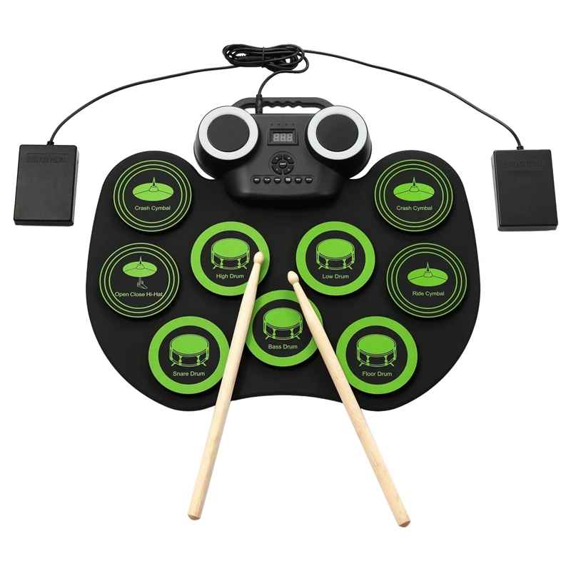 Electronic Drum Kit 9 Pads Of Roll-Up Practice Drum Set Flashing Light Bluetooth Drum Set Built-In Dual Speakers