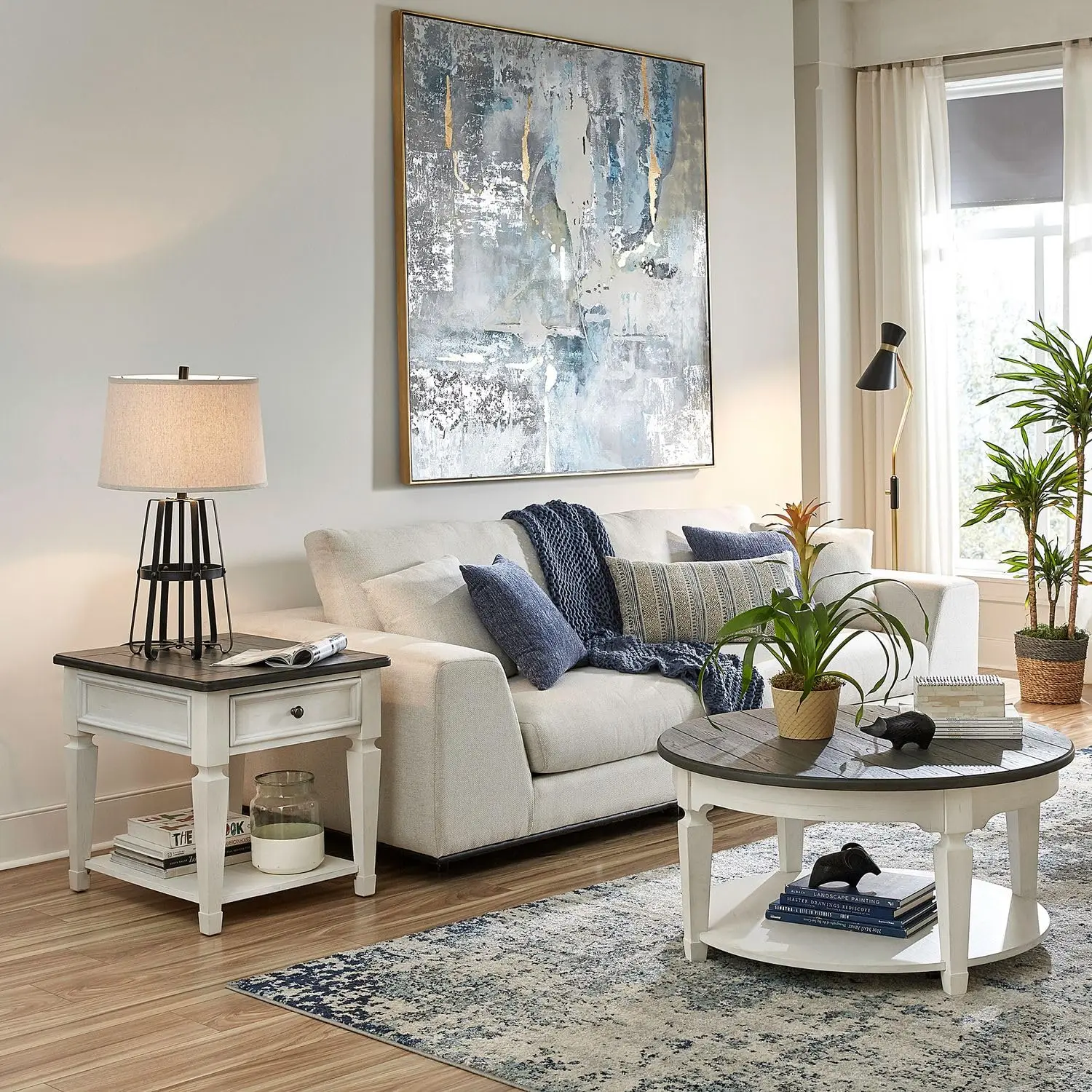 Round Living Room Table Set 3-Piece Cocktail & End Tables Cottage Wirebrushed White Charcoal Oak Wood, Customized