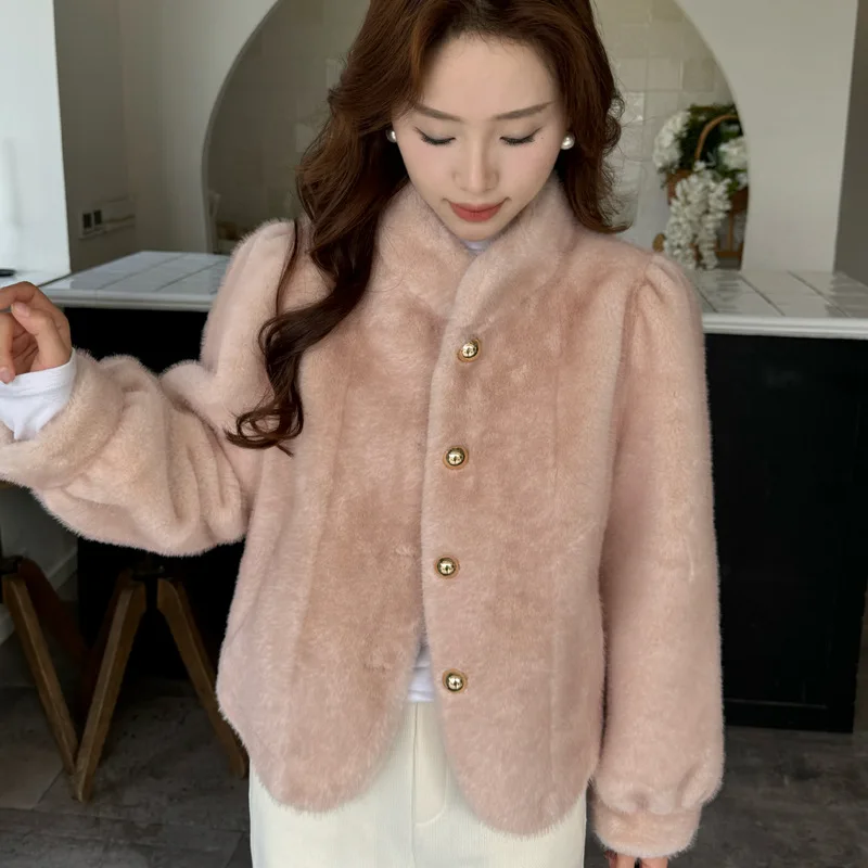 ภาษาฝรั่งเศสคํา Elegance อารมณ์อเนกประสงค์ COMMUTER STAND COLLAR Single-breasted หนา WARM Faux FUR Coats ผู้หญิงฤดูหนาวแจ็คเก็ต