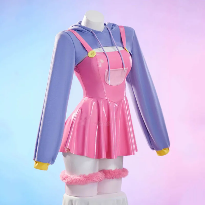 

Cute Hooded Hoodies Leather Dress Long Rabbit Ears Uniform Halloween Carnival Party Clothes Bunny Girl Jax Cosplay Costume Women