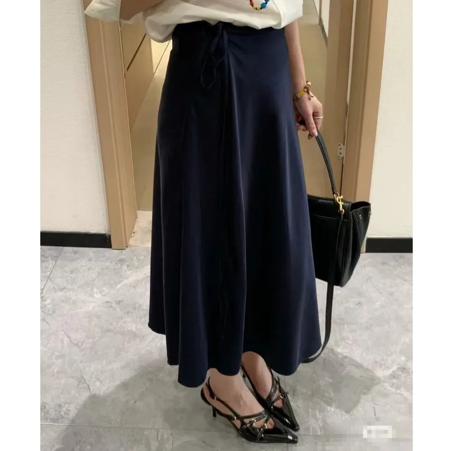 Dave&di Skirt Woman Clothing Faldas Skirts Solid Color High Waisted Lace Up Slim Fit Acetate Large Swing Skirt Half Skirt