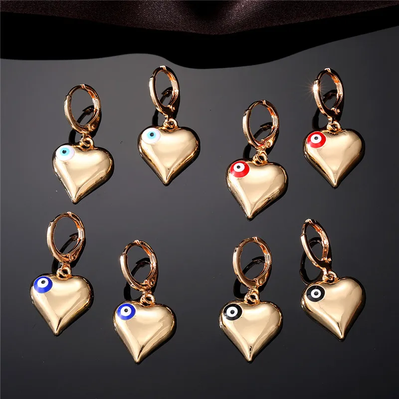 Turkish Evil Eye Big Smooth Big Heart Earrings For Women Vintage Cute Colorful Love Geometric Round Eye Hoop Earrings Jewelry