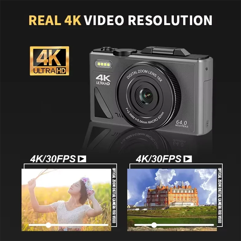 4K Compact Digital Photography Camera 18X Digital Zoom Vintage Vlog Video Recorder YouTube 180° Flip Screen Selfile WiFi Camera