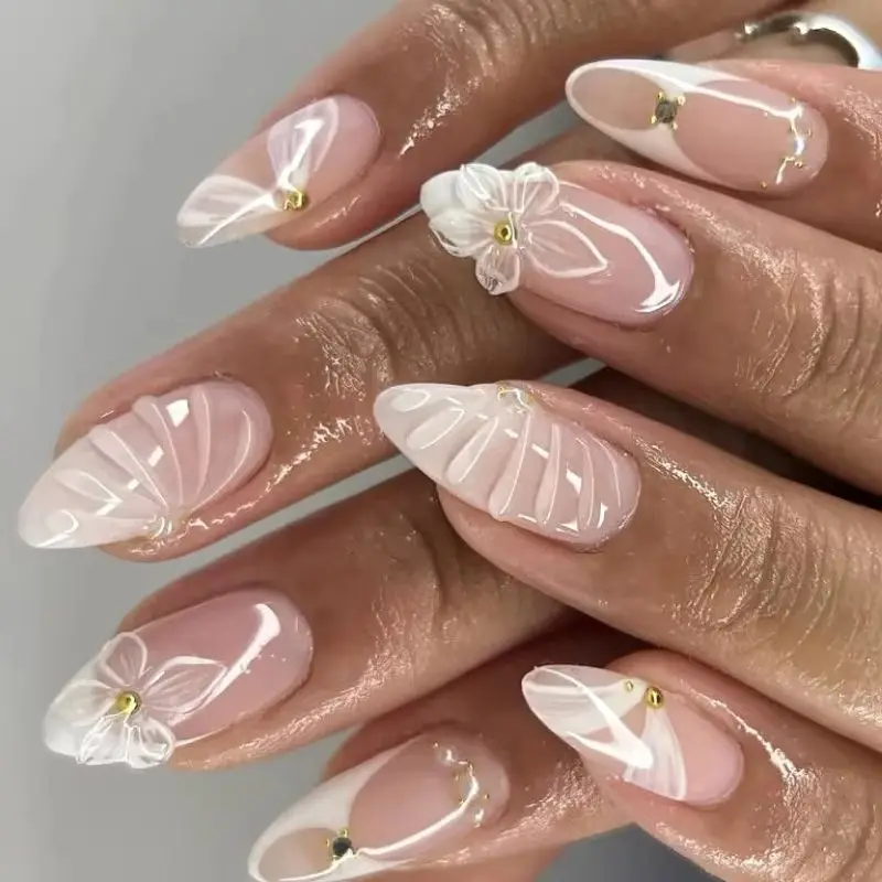 

3D цветы, золотые бусины, кружево, белая ромашка, бант, длинные заостренные накладные ногти, миндаль, накладные ногти, подвески, маникюрный инструмент