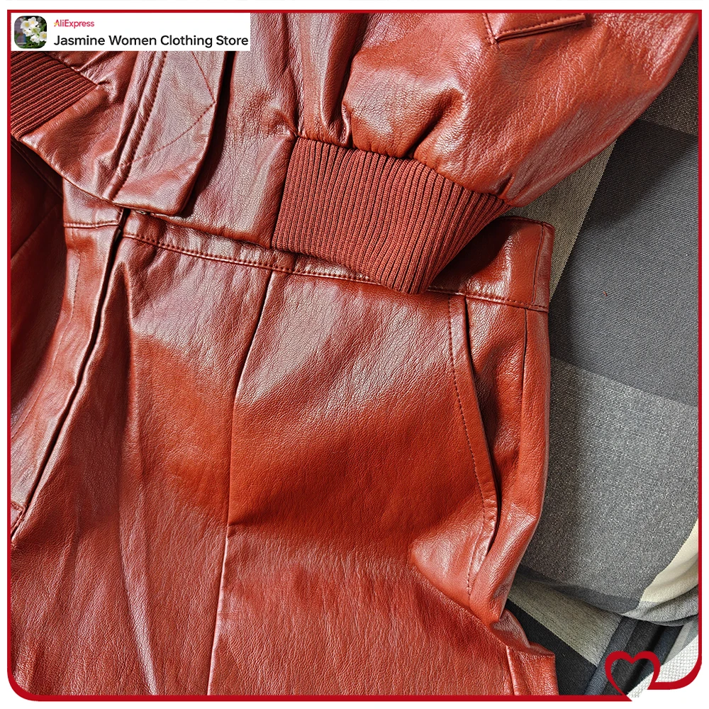 Stylish Women's Brick Faux Leather Short Sets Faux Leather Bomber Jacket with Sleeves Below The Elbow Matching Tonal Long Shorts - Image 6