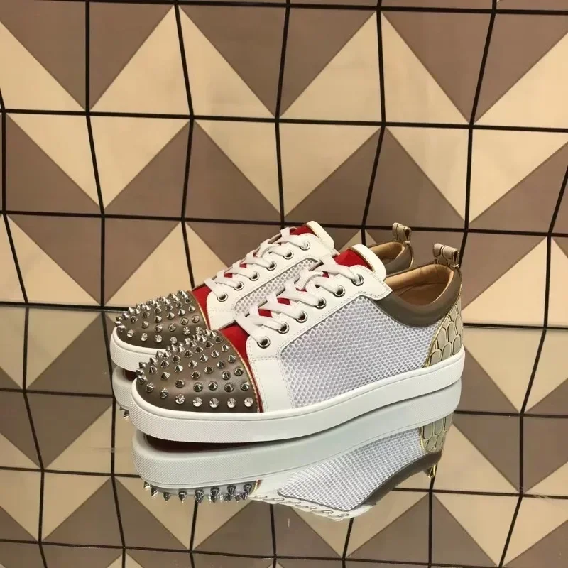 Luxury Night Club Low Top Red Bottom For Men Shoes Trainers White Net Genuine Leather Silver Rivets Toecap Flats Sneakers