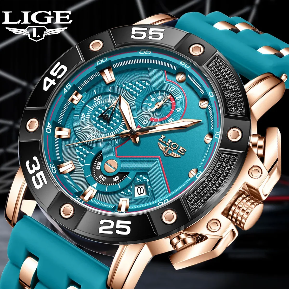 

LIGE Men's Military Watch Silicone Strap Sports Waterproof Quartz Watches Fashion Business Calendar Chronograph Watches for Men