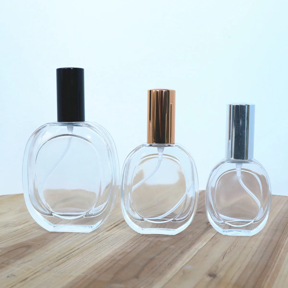 30ml 50ml 100ML Flat Round Glass Spray Bottle Transparent glass bottle Fine Mist Sprayer Gold / Silver / Black Atomizer