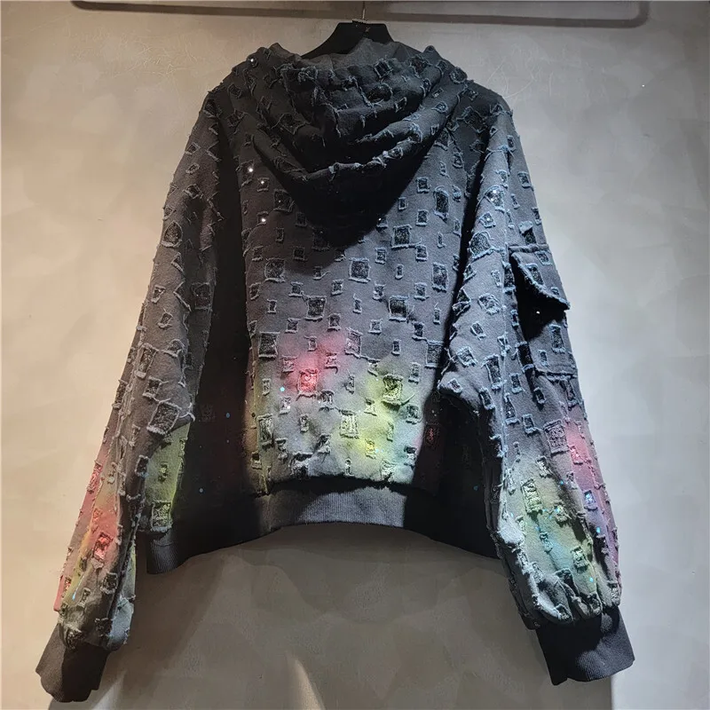 WTHT, nueva moda, chaqueta holgada con capucha con diseño a cuadros y grafiti degradado para mujer, Pantalones rectos con cintura elástica para mujer, invierno 2025 1LS2626