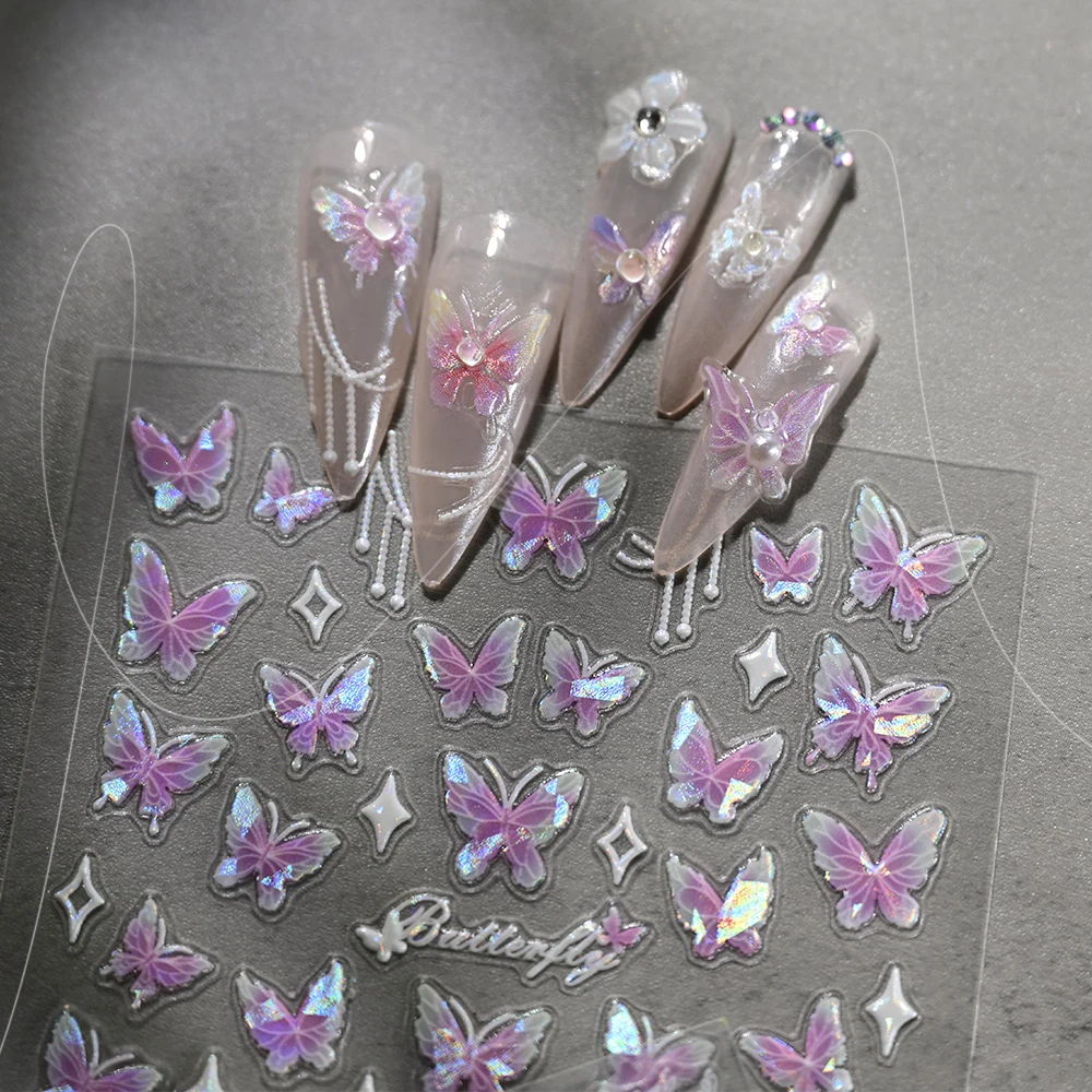 1Pc Pink Purple Aurora Shell Butterfly Nail Sticker 5D Embossed Shell Light Butterfly Adhesive Decals DIY Laser Manicure Sliders