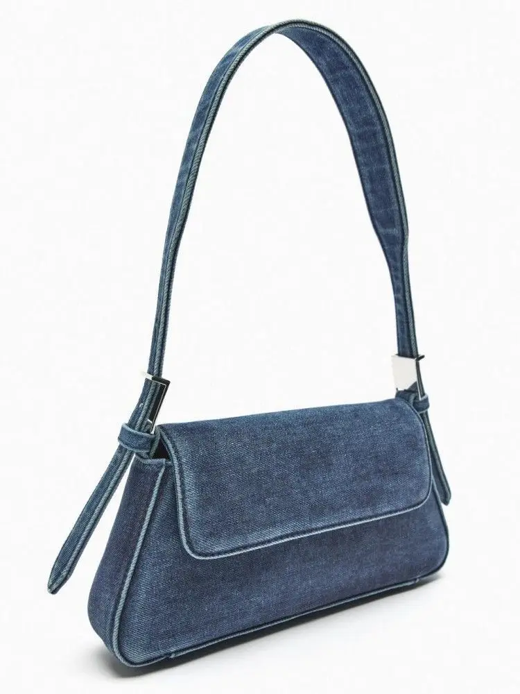 Bolsa jeans azul com aba feminina, senhora do escritório, bolsa de ombro com zíper macio, casual, meninas, nova moda, 2023