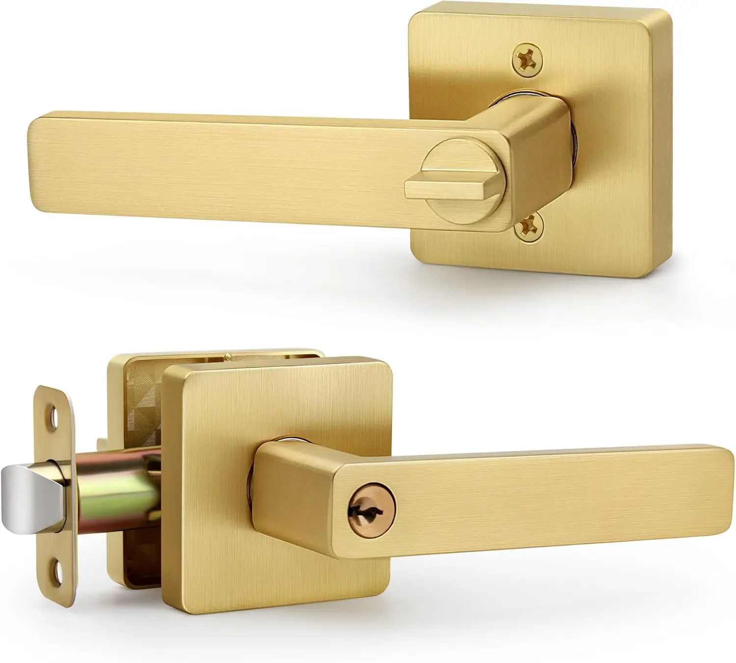 

Квадратные золотые дверные ручки с замком и ключом, матовые золотые реверсивные рычаги для внутреннего/наружного использования