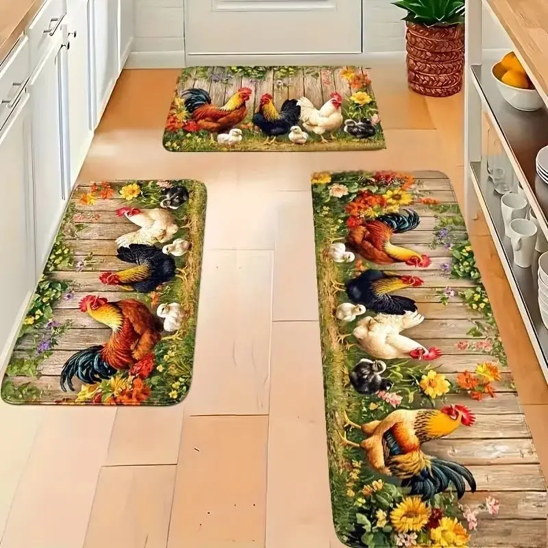 VIKAMA Country Rooster Print Runner Rug 23Pcs Spring Summer Anti Slip Washable Floor Mat for Kitchen Bedroom Living Room