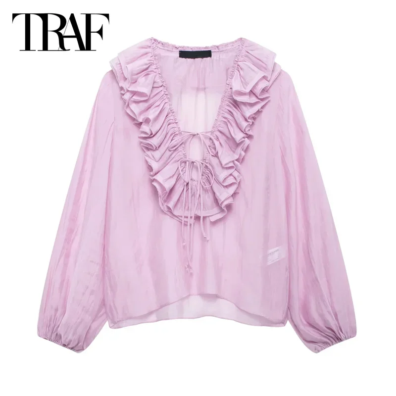 TRAF Ruffled Shirts&Blouses 2024 Summer Autumn Women\'s Elegant Butterfly Pleated Shirt Ladies Fashion Casual Long Sleeve Blouses