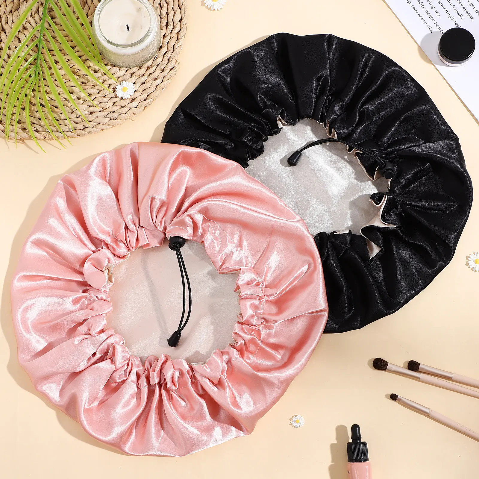 

4Pcs Silk Satin Bonnets Adjustable Hair Wraps for Sleeping Bath Cooking Soft Comfortable Sleep Caps Hair Protector for Women