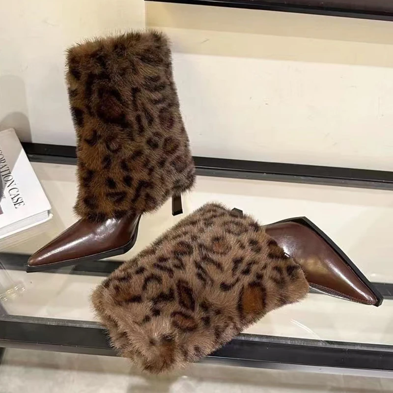 

French Elegant Fluffy High Heel Women's Winter Boots Sexy Leopard Print Fur Real Rabbit Hair Short Bottes Sexy Chaussure Femme