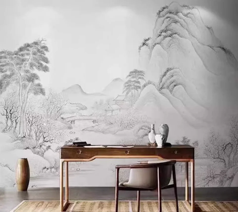 New Chinese style artistic conception ink wash plain color landscape sofa background wallpaper customized mural