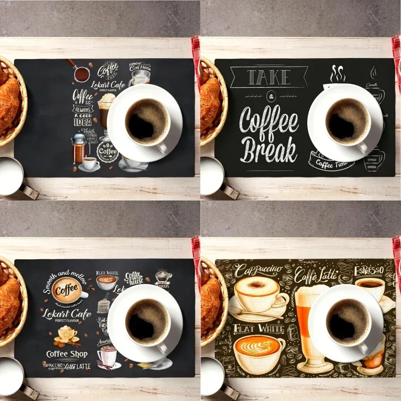 4/6/8pcs Linen Coffee Patterned Placemats Kitchen Dinning Table Mats Bowl Coffee Cup Heat-resistant Pads Home Decoration