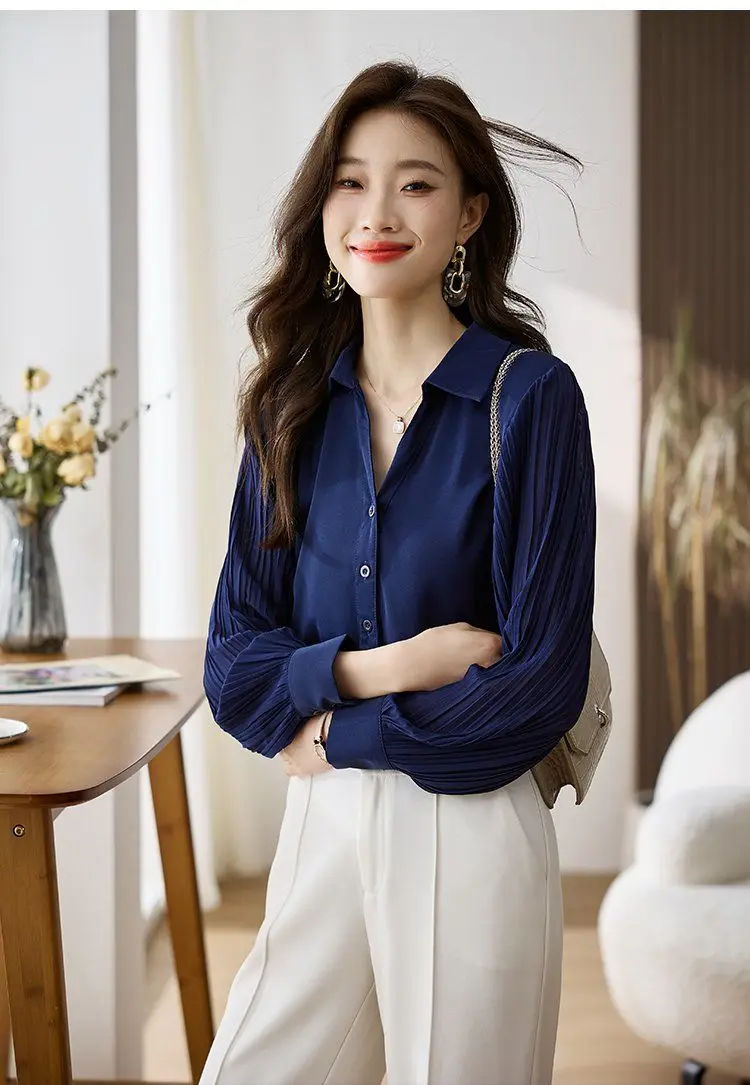 Navy Blue Professional Outfit Patchwork Polo Collar Chiffon Shirt for Women Fashionable and Beautiful Temperament Base Shirt