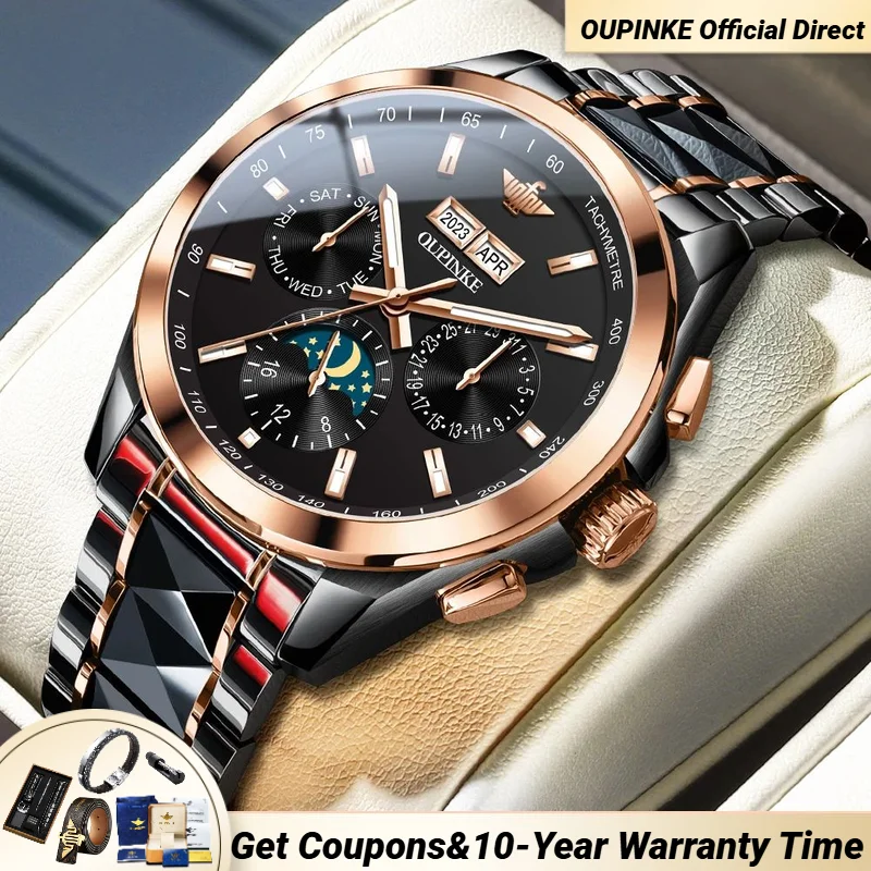 

OUPINKE 3238 Watch Men Dual Calendar Display Black Tungsten Steel 50M Waterproof Multifunction Luxury Automatic Man Watch NEW