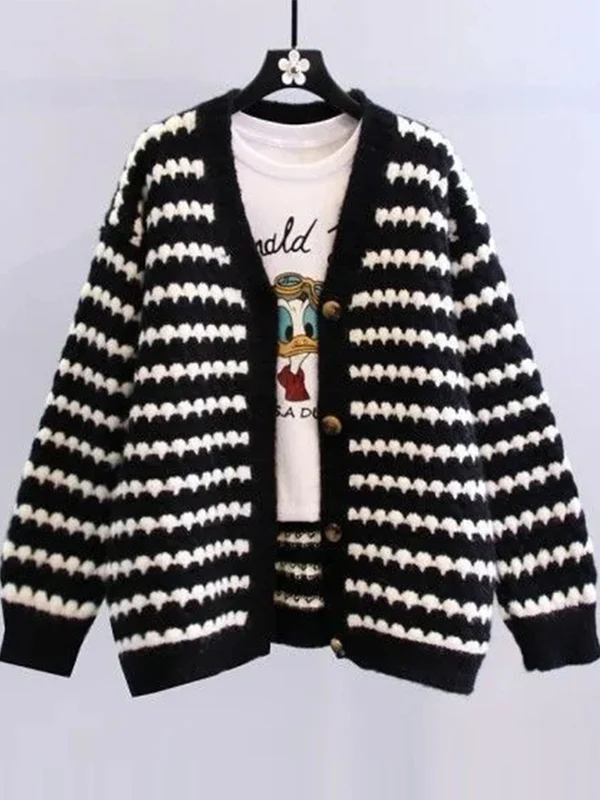 Ladies Loose Knitted V-Neck Sweater Striped Open Cardigan Spring Autumn New Style Casual Color Block Long Sleeve Coat