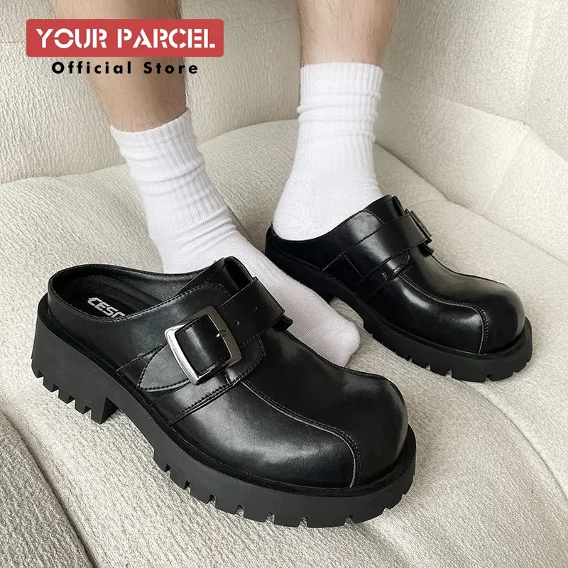 

Thick soled leather Mules shoes for men half toe slippers height increase new Japanese style outerwear retro style