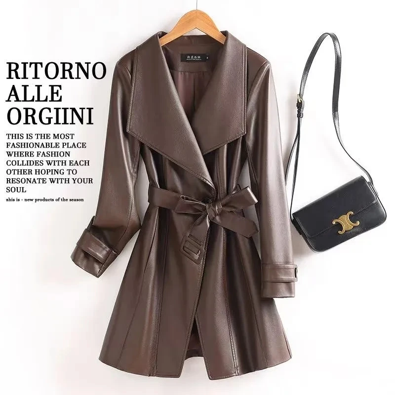 

Женская новая кожаная куртка на шнуровке 2026 года, весенне-осенняя, средней и длинной длины, в корейском стиле, свободного кроя, кожаный плащ